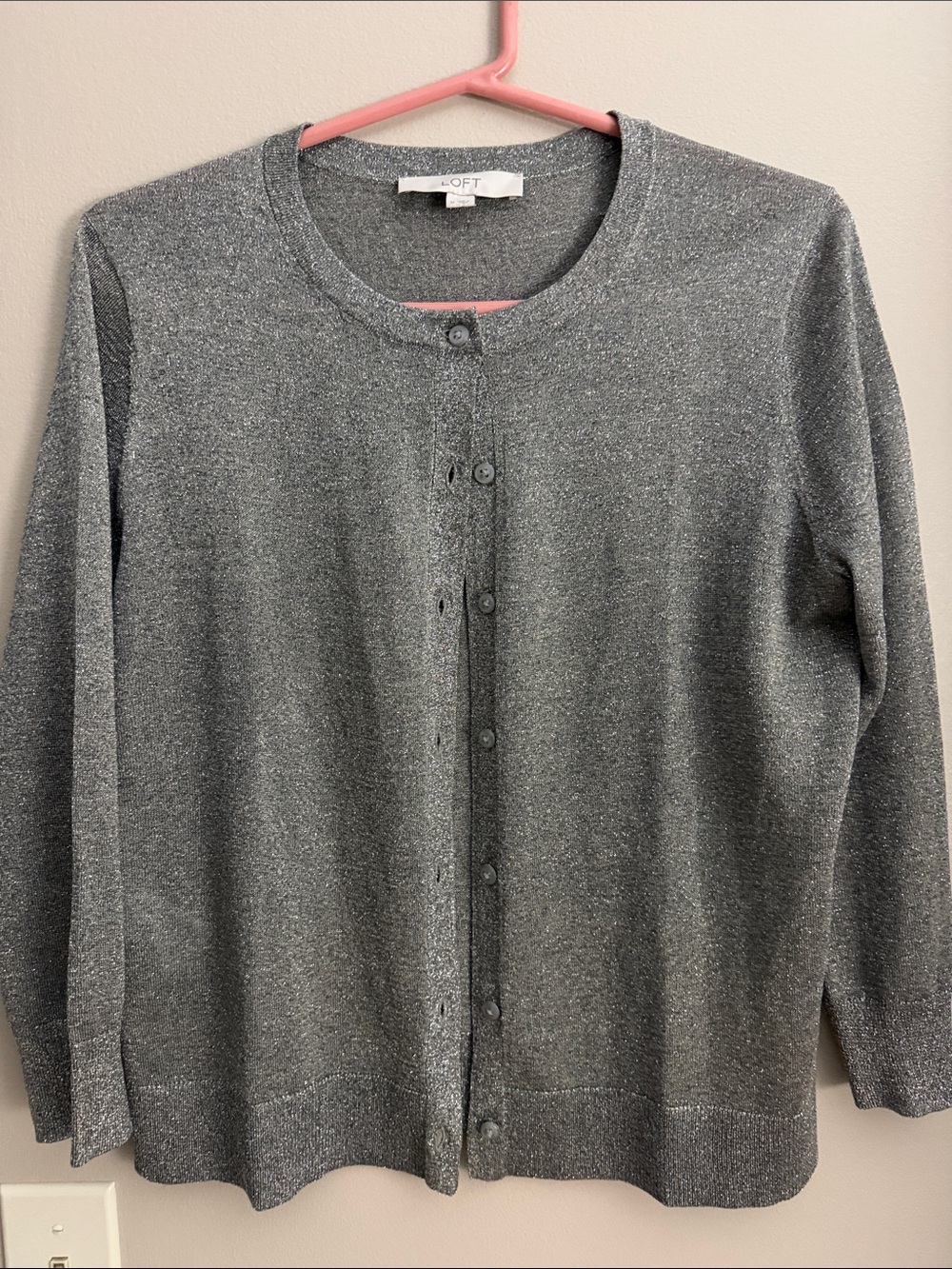 LOFT Gray Button-Up Crewneck Cardigan